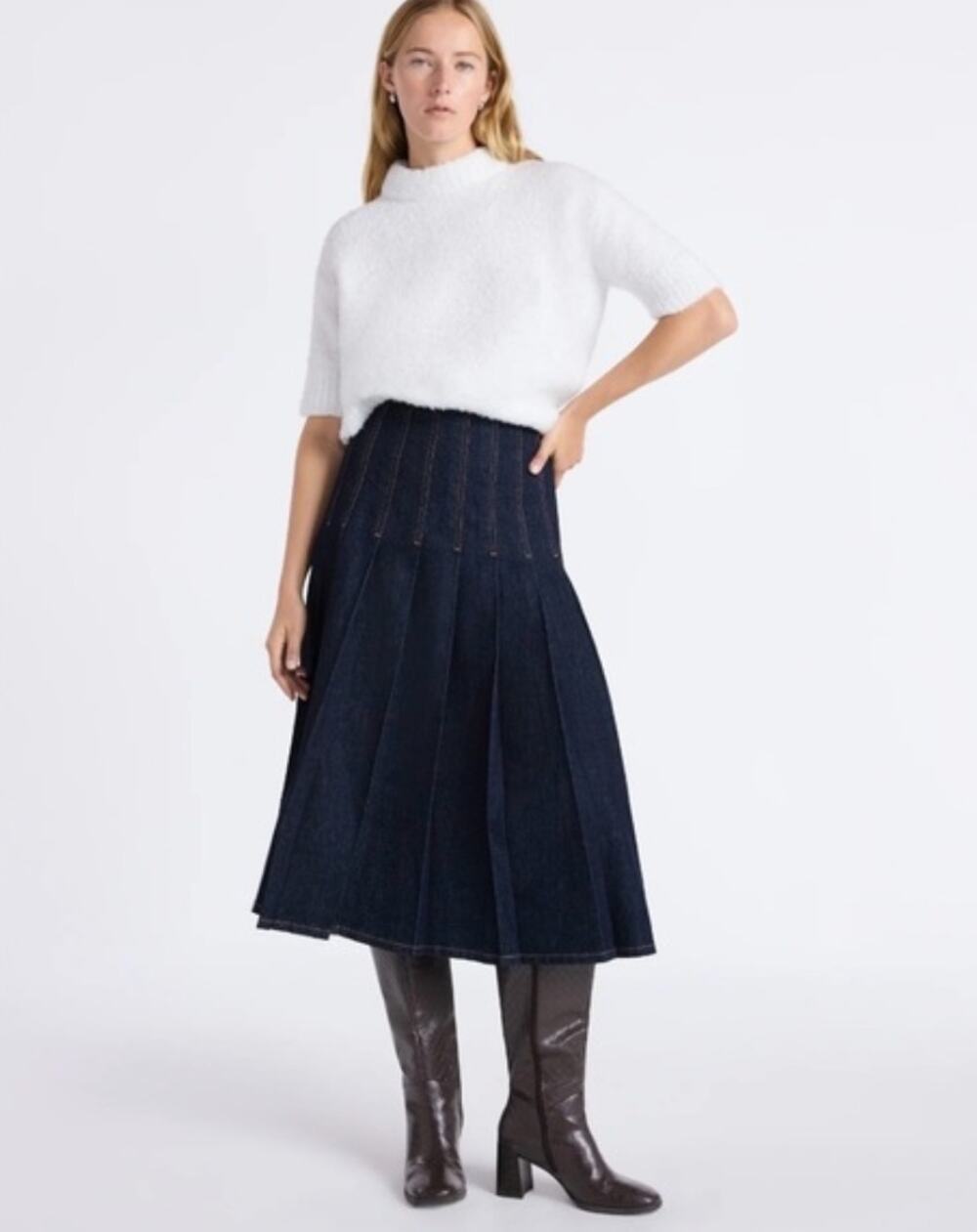 Midi Denim Pleated Skirt in Dark Blue